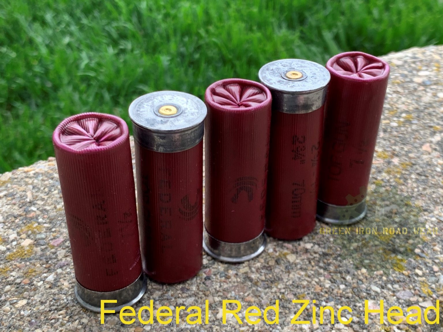 DUMMY 12 Gauge Shotgun Shell Federal Red, Zinc Head Green Iron Road